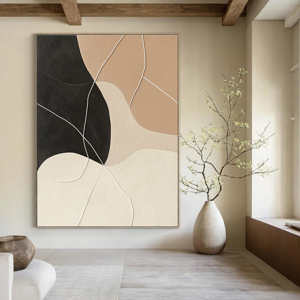 Large abstract painting in beige and black with interconnected white strings for a striking and modern artistic statement.STSC468
