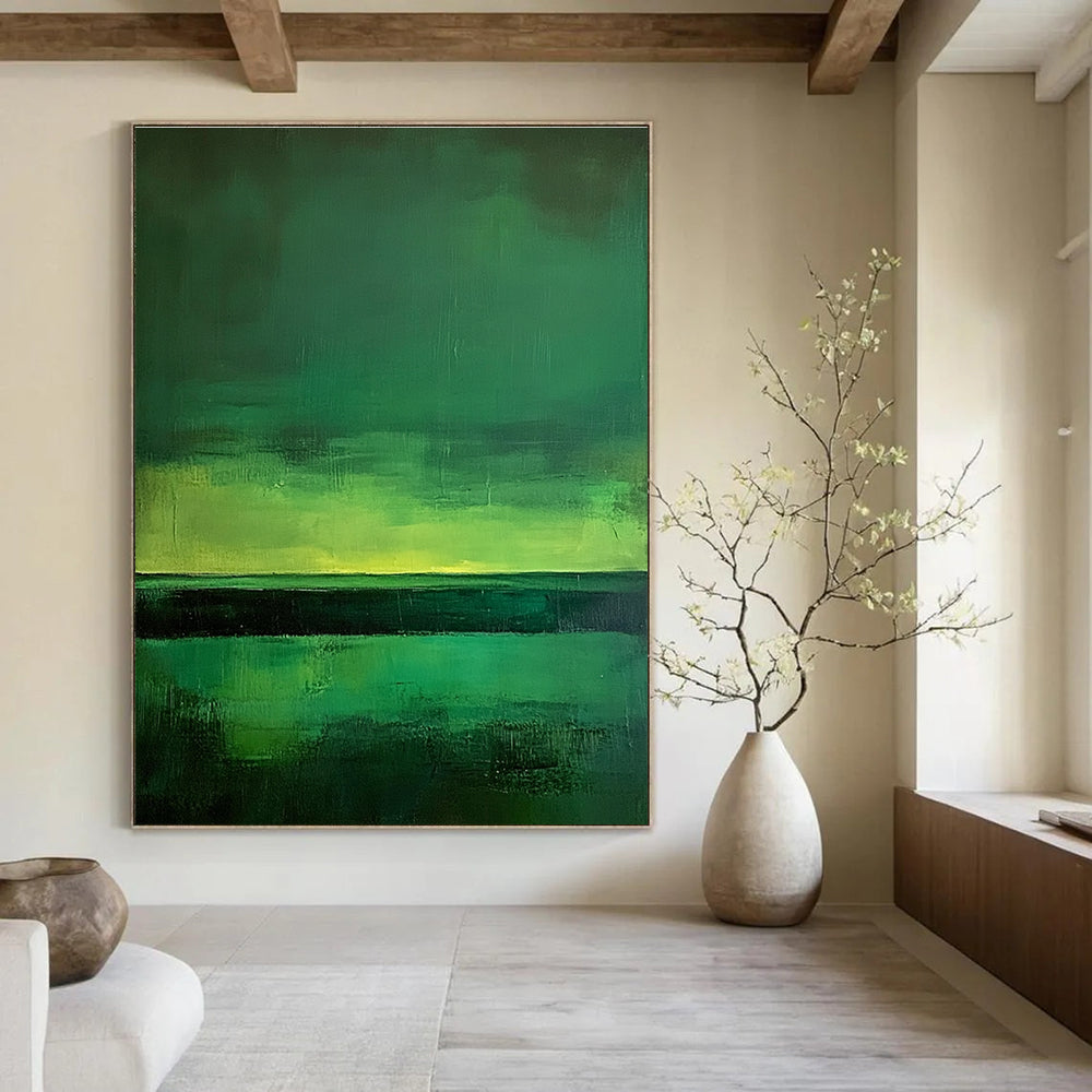 Large abstract painting of green fields under a dark sky illuminated by northern lights featuring minimalism and expressive brush strokes inspired by Mark Rothko.STSC308