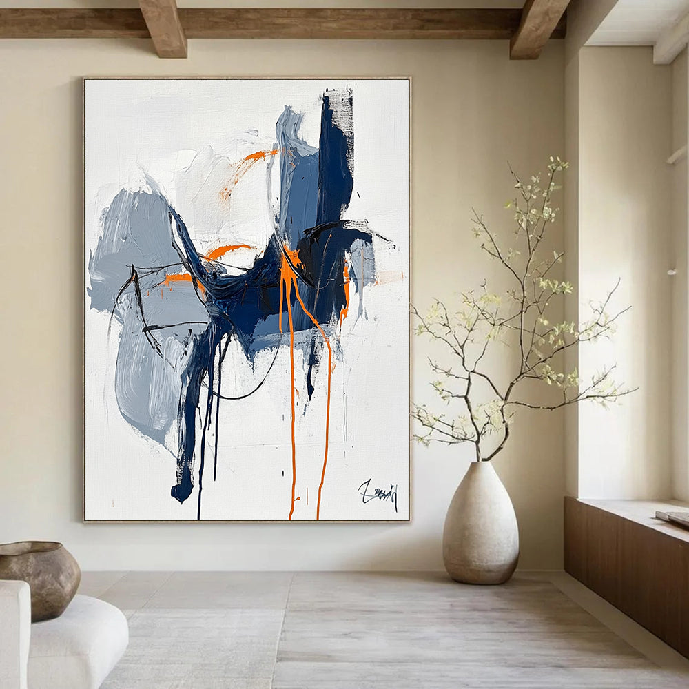 Large abstract painting featuring blue and orange lines draping organically with a black outline set against a white background in an expressionist style.STSC676