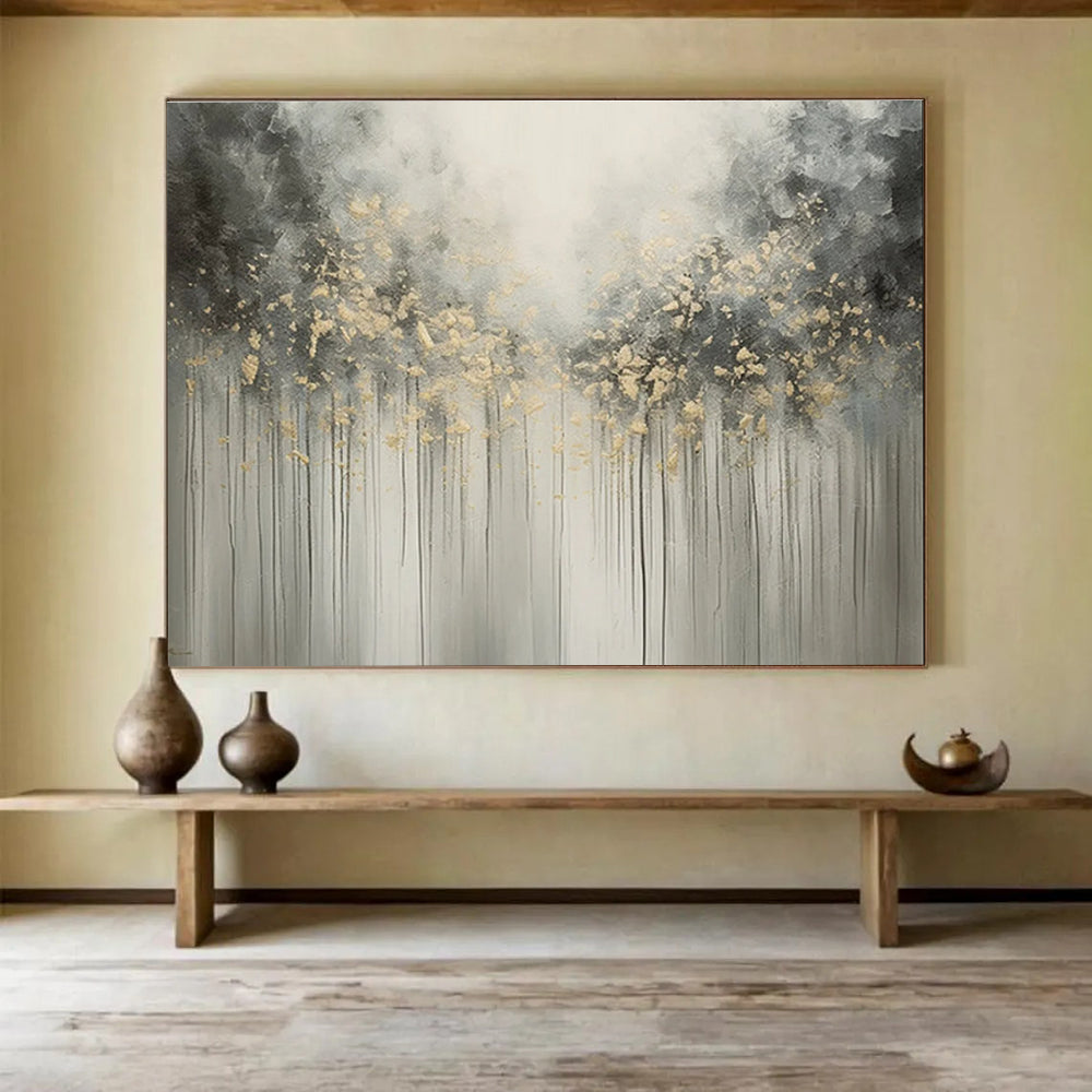 Gray Gold Drip Abstract Painting with Ethereal Tree - Like Forms THY320