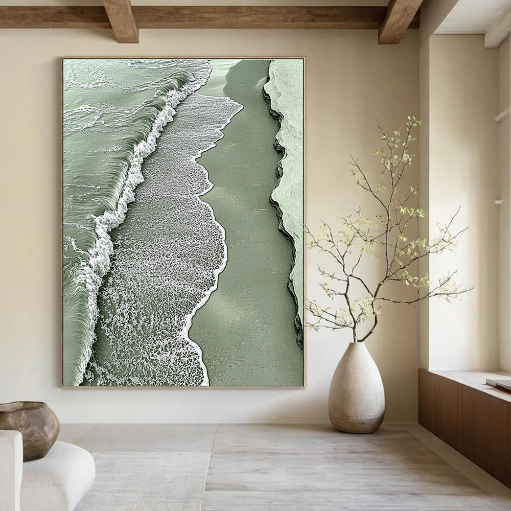 A large abstract painting featuring a light green sea with white foam and sandy waves evokes tranquility and nature's beauty.STSC533
