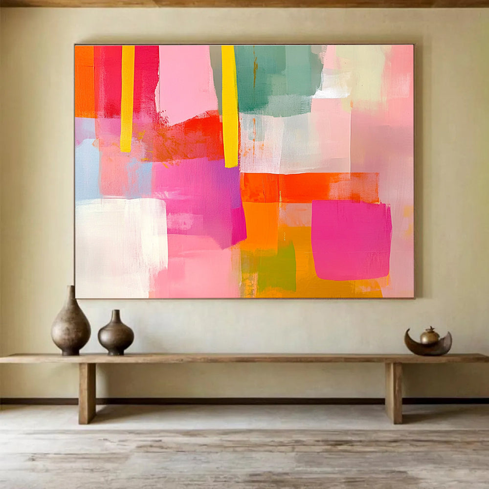 Extraordinarily vibrant abstract painting with soft pink and bright orange shapes complemented by yellow lines in a collage-style composition featuring pink and green hues.SC256