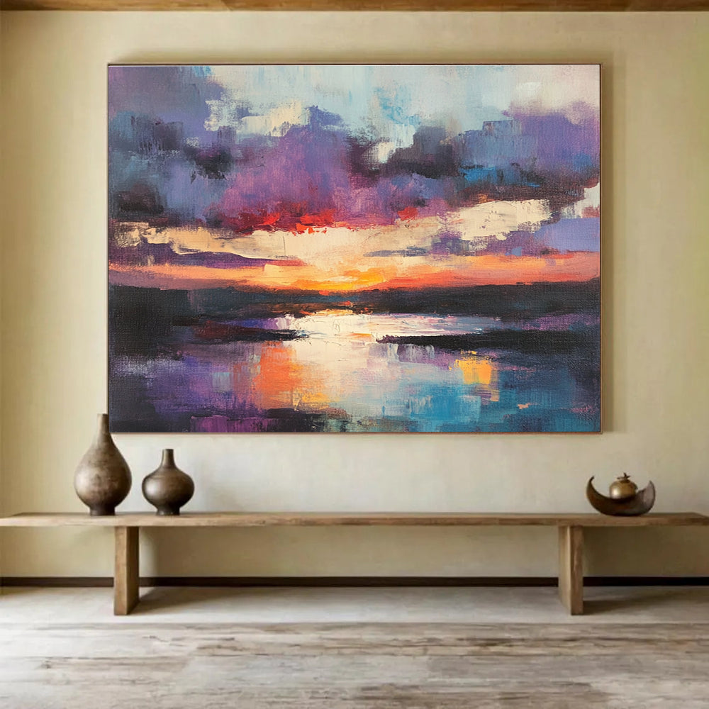 Purple and Orange Sunset Lake Abstract Seascape Painting DYP293