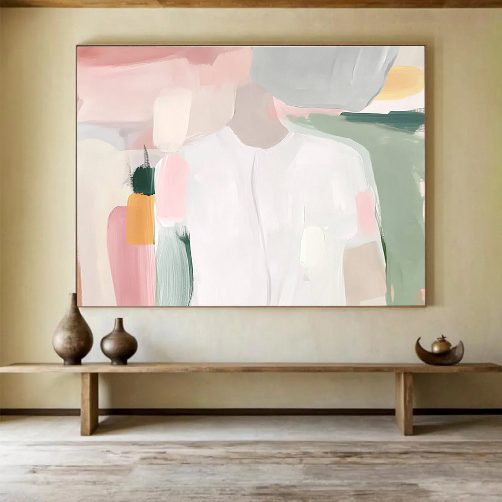 Large abstract painting of a white shirt with soft pink and green pastel brush strokes inspired by Maira Kalman.SC179
