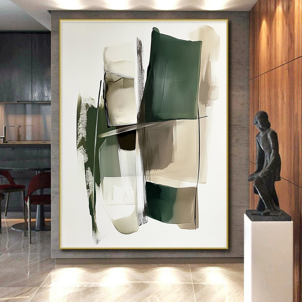 Green and Beige Abstract Painting with Geometric Shapes GER560