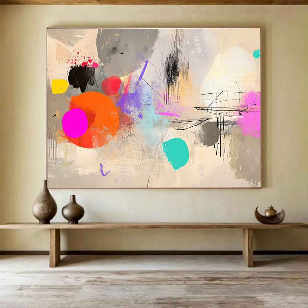 Large abstract artwork featuring digital collage with neutral tones, dynamic shapes, and vibrant colors, ideal for modern decor.SC042