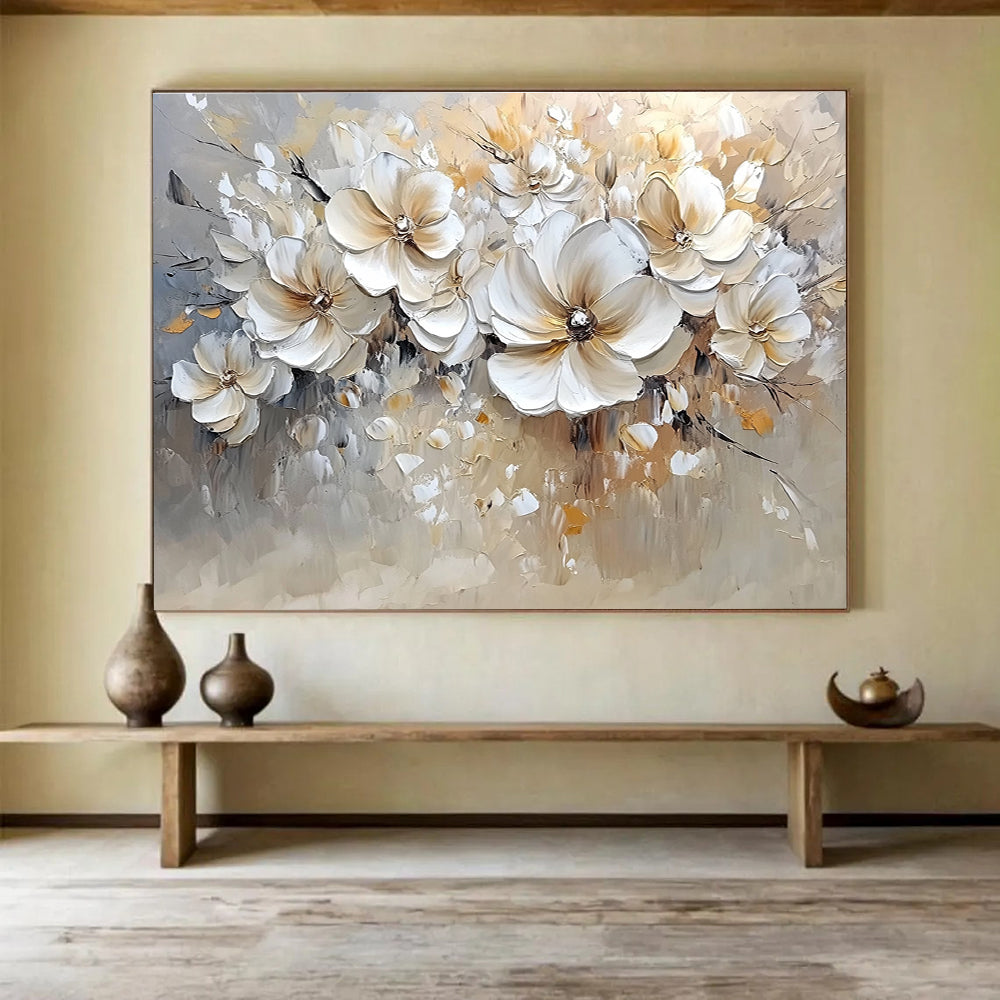 Large abstract painting featuring soft colors in white and beige with bold brush strokes and low detail of flowers.SC001
