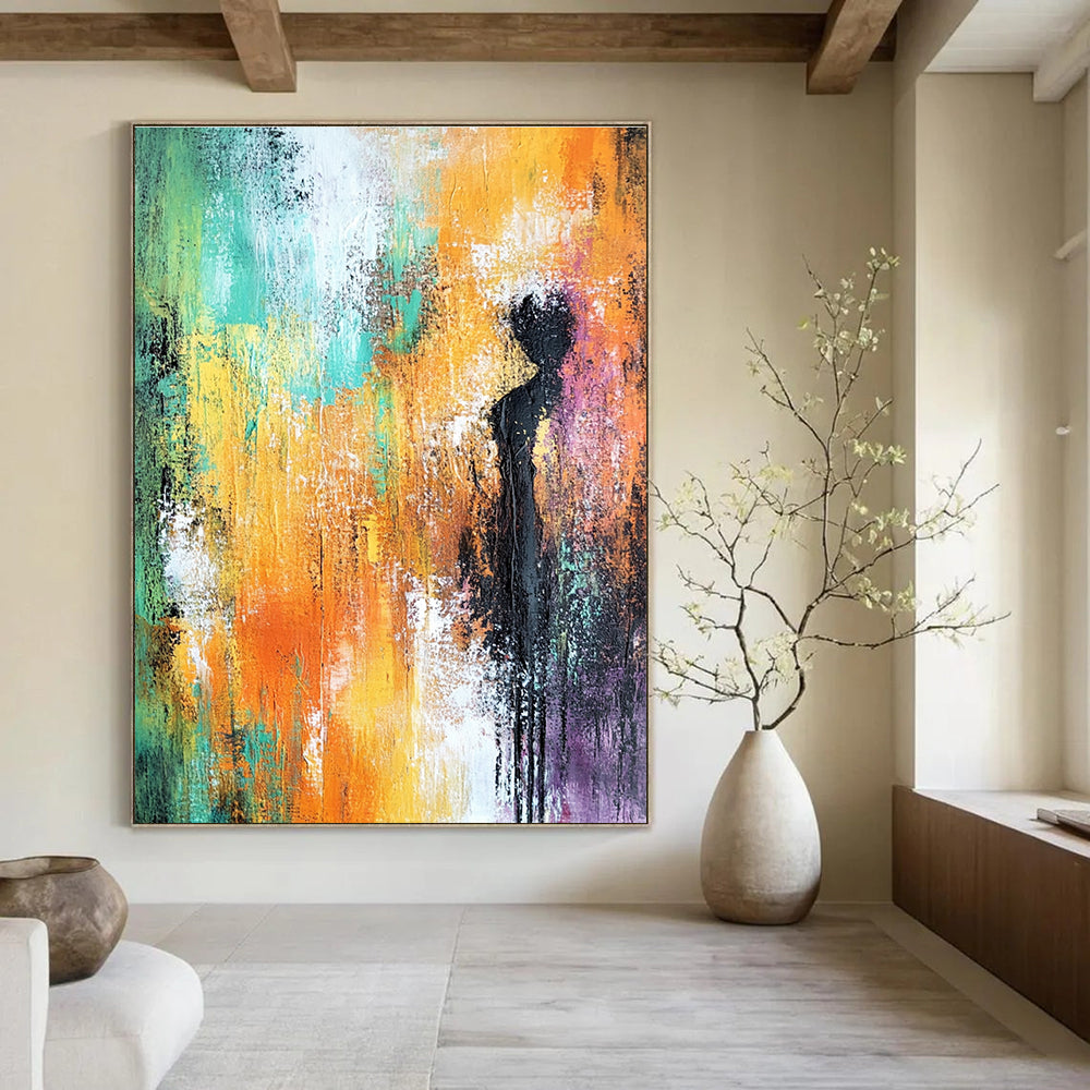 Large abstract painting featuring soft orange and green tones with hints of yellow and purple and a textured background for elegant decor.STSC248