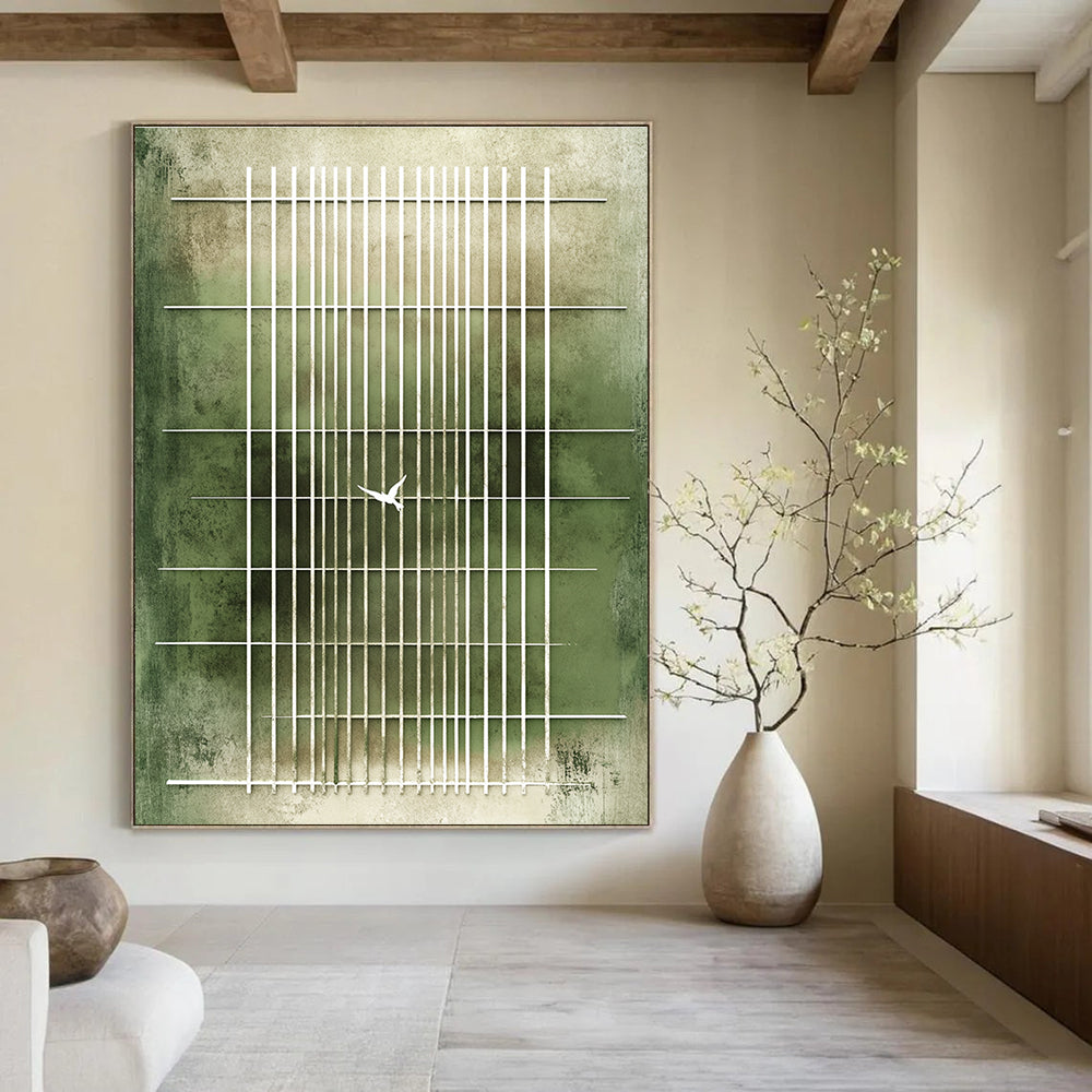 Large abstract painting featuring a green striped background with white doves symbolizing peace against soft beige tones evoking hope and contemplation.STSC1216