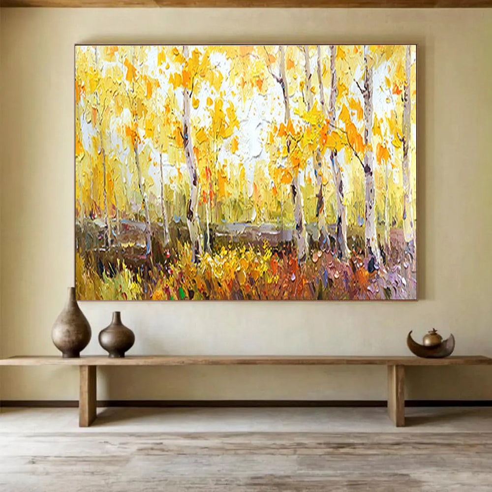 Autumn Birch Forest Abstract Painting with Yellow, Green, and Brown Tones THY212