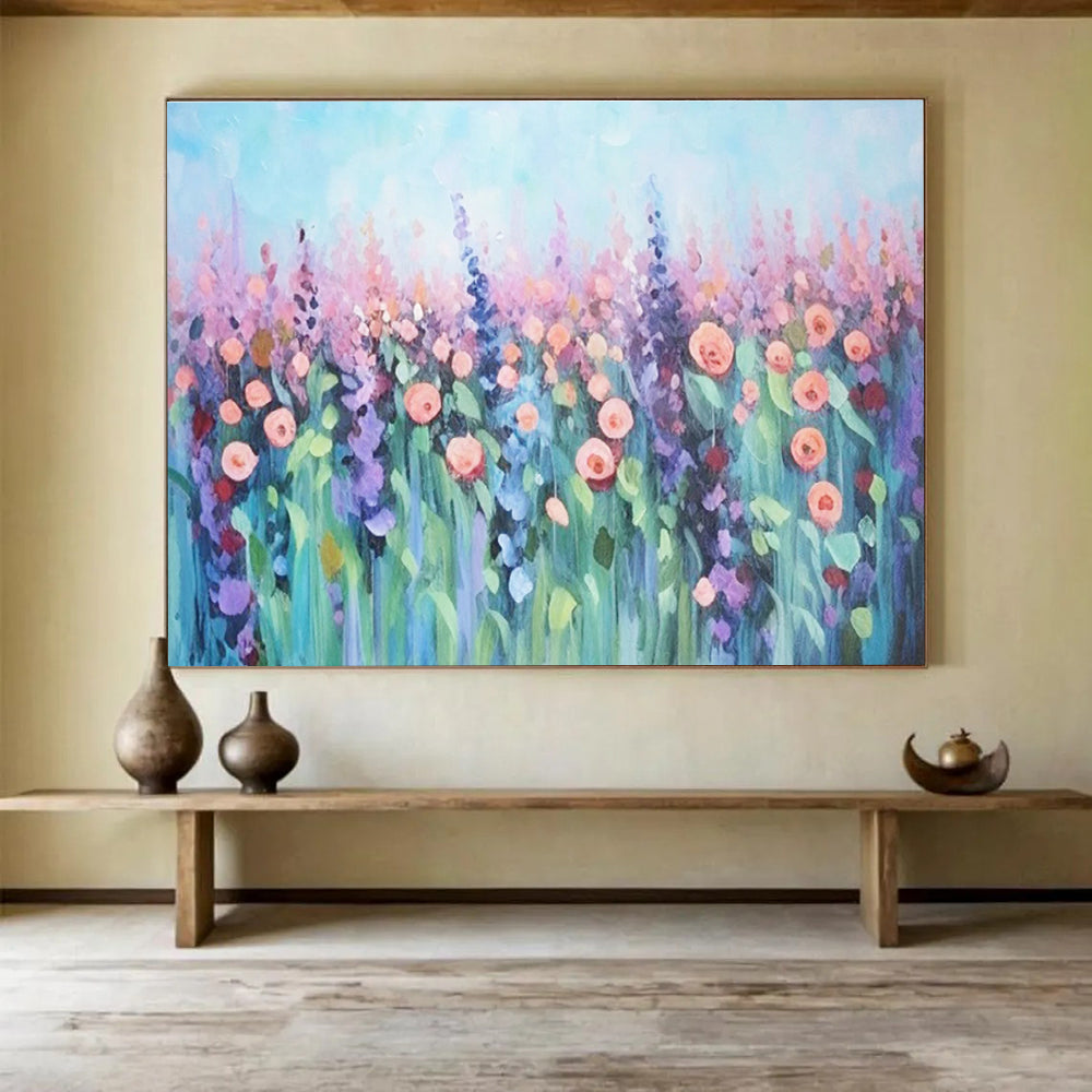 Pastel Flower Field Abstract Painting with Soft Pink and Purple Tones THY229