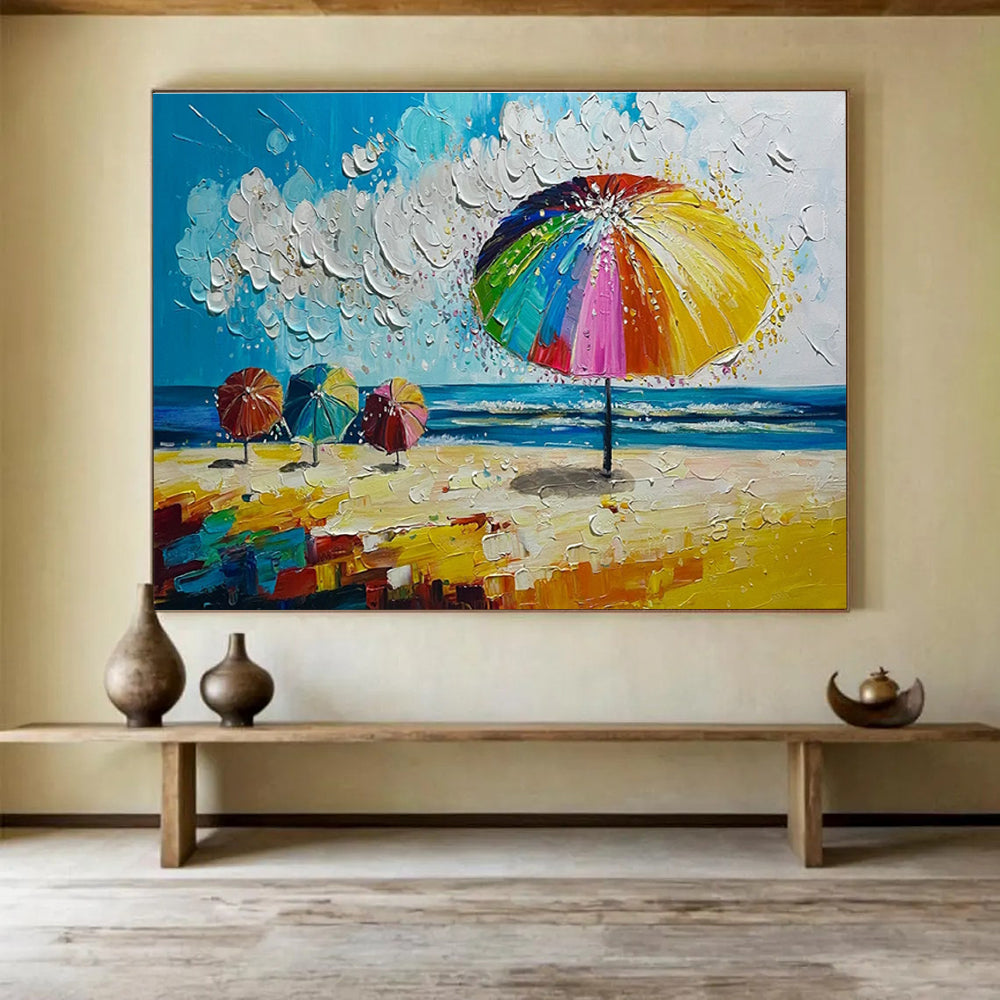 Beach Umbrella Scene Abstract Painting with Bright Coastal Colors THY310