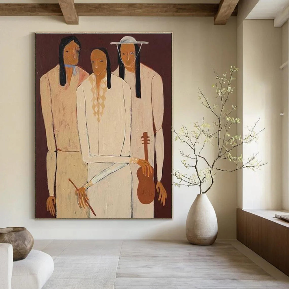 Three Figures in Light Tones on Dark Background Abstract Painting ADGE141