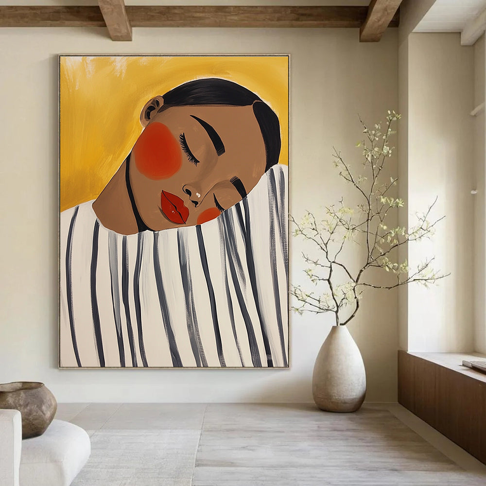 Large abstract painting featuring an African American woman resting her head on a whimsical oversized black and white striped shirt in soft acrylics.STSC536