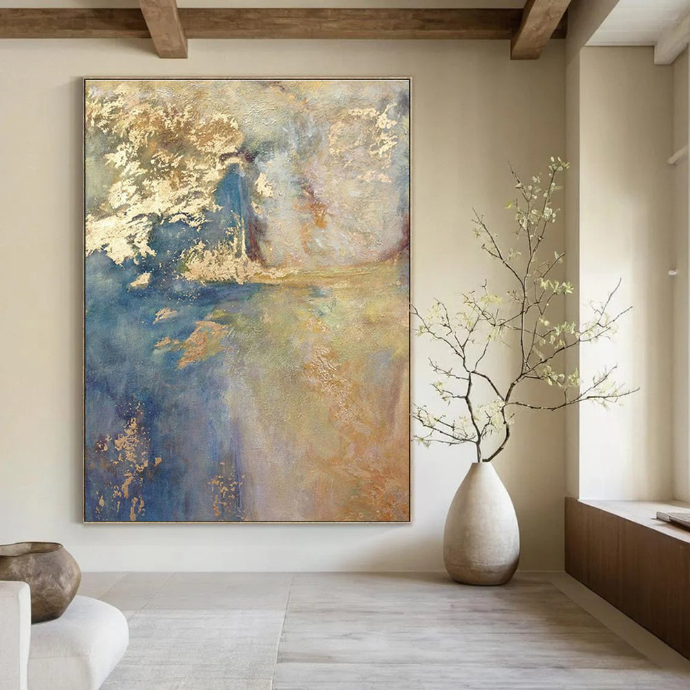 Blue and Gold Abstract Painting with Dreamy Layers ADGE518