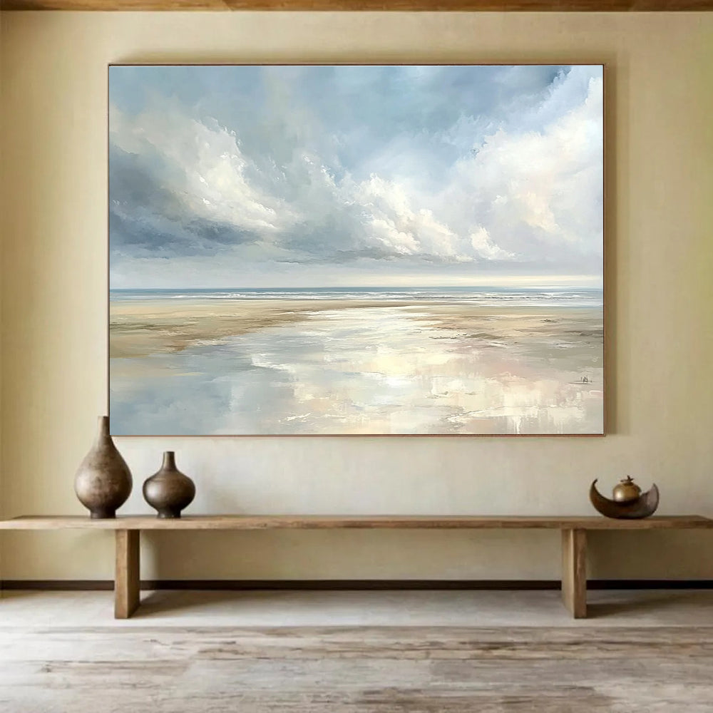 A large abstract painting depicting a serene coastal landscape with pastel skies and reflective puddles on sandy beaches, evoking tranquility.SC544