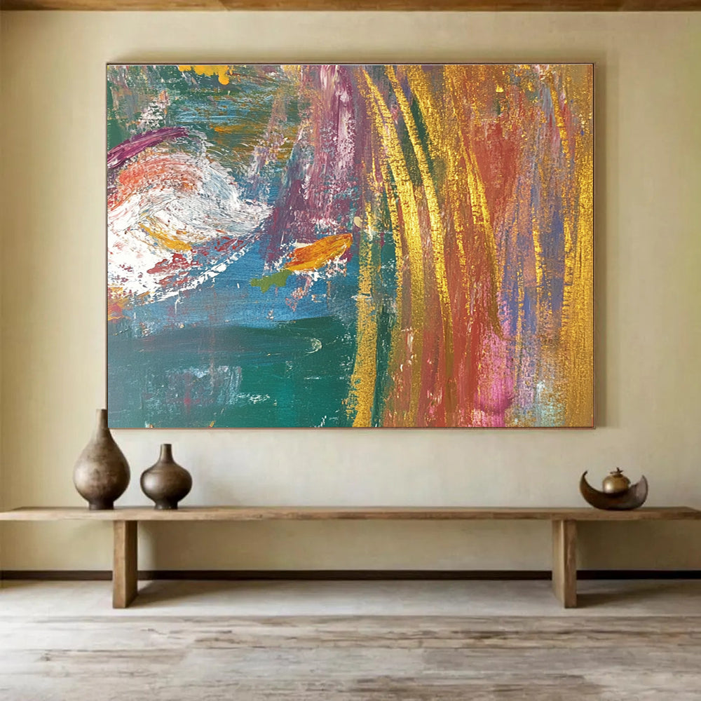 Large abstract painting with layered textures and vibrant colors featuring two fish in motion within a dynamic background.SC442
