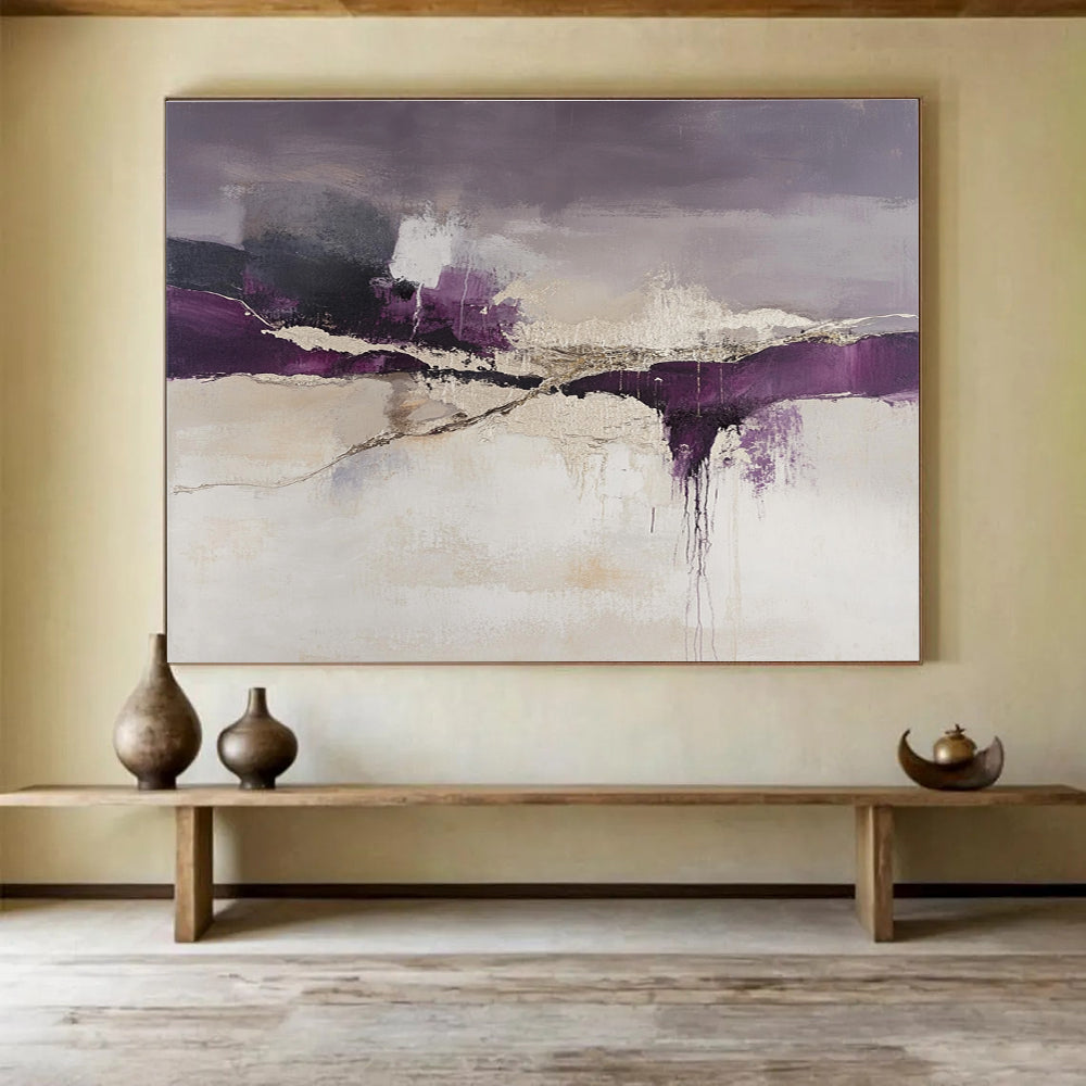 An abstract landscape features purple and beige tones with dark gray cracks in white paint, evoking a unique artistic atmosphere.SC316