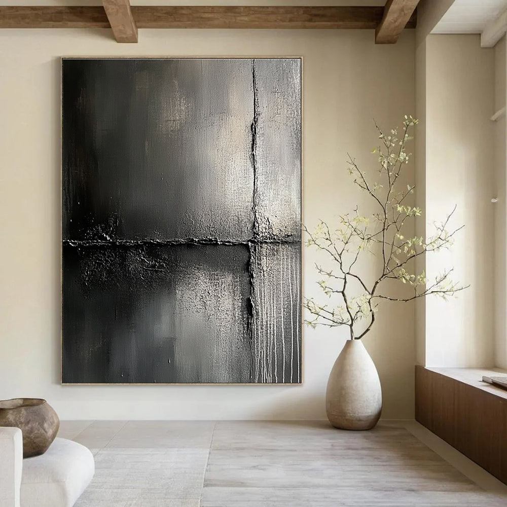 Large abstract painting features impasto textures against a dark gray background evoking urban decay and mystery for captivating exploration.STSC425