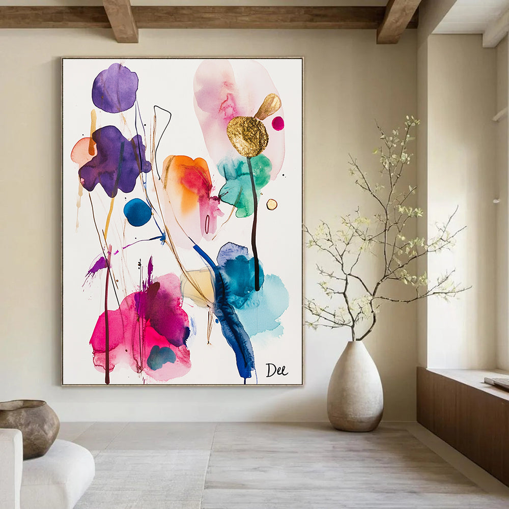 Large abstract watercolor and ink painting featuring colorful shapes and gold foil accents on a white background inspired by the style of artist Dee.STSC839