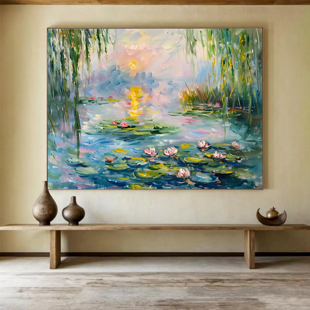 Water Lily Pond Abstract Painting with Pink, Green, and Blue Tones THY194