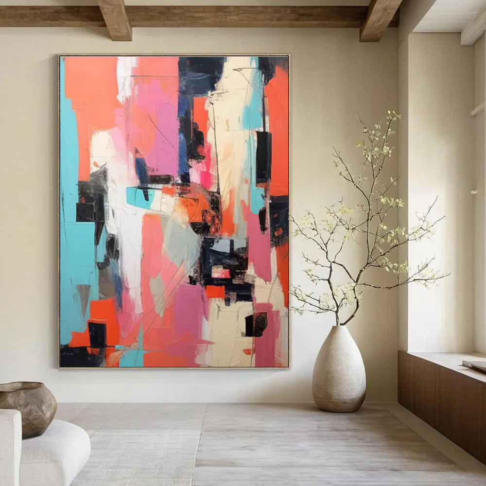 Vibrant Color Collage Abstract Painting with Pink, Orange, and Blue ADGE127