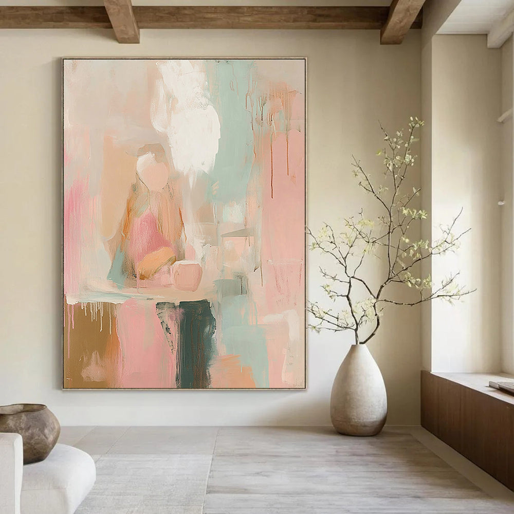 Abstract painting in soft pinks whites and sage green with loose brush strokes and vintage graffiti text evoking dreamy nostalgia and serene calmness.STSC805