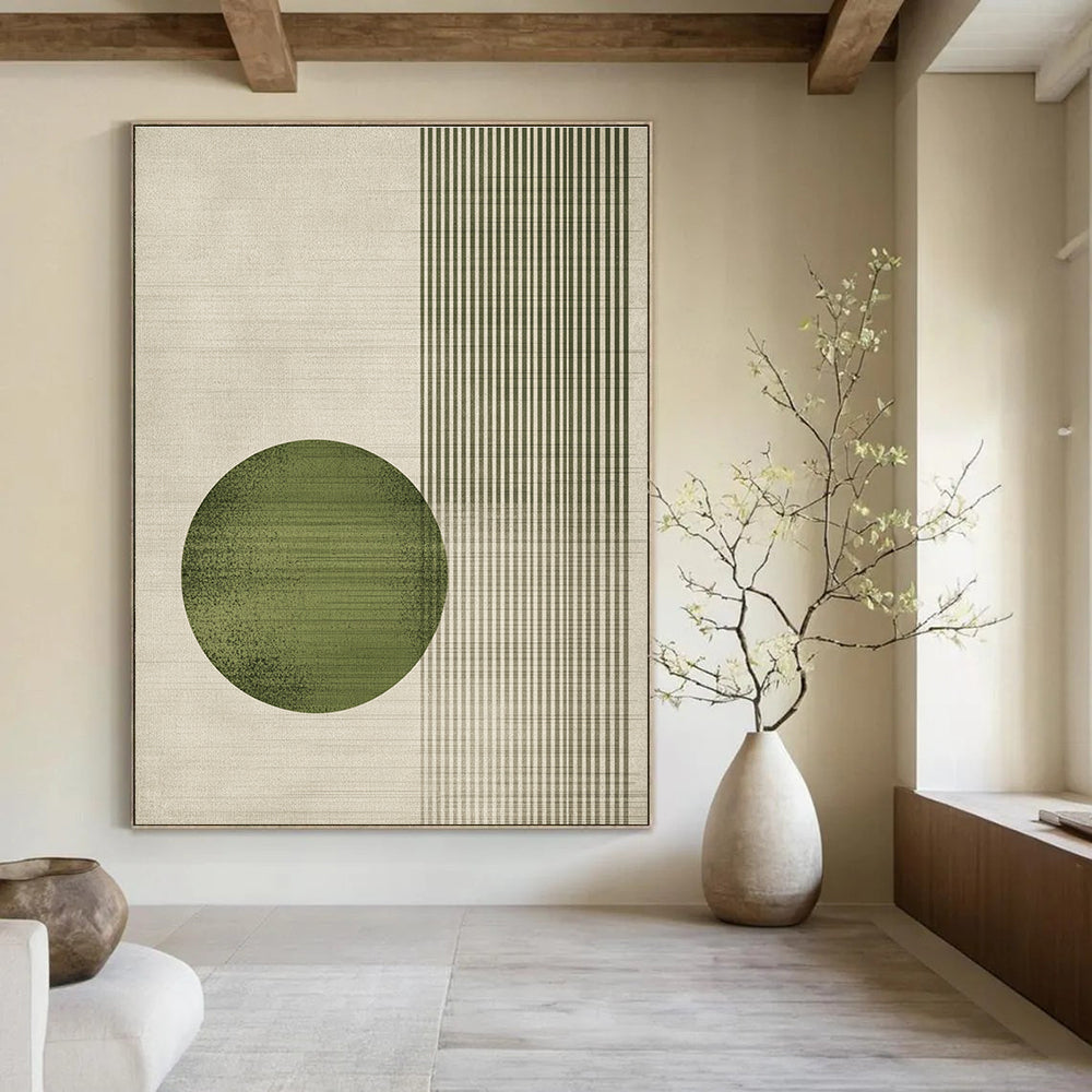 Large abstract painting featuring a round green circle and textured vertical lines in a light gray color scheme with natural earthy tones.STSC1328
