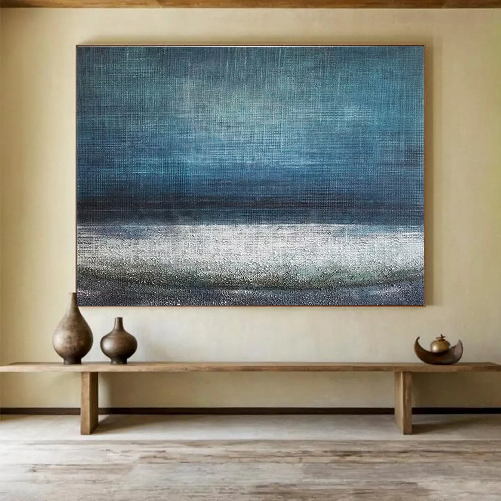 Textured Sea Abstract Painting with Deep Blue and White Tones THY154