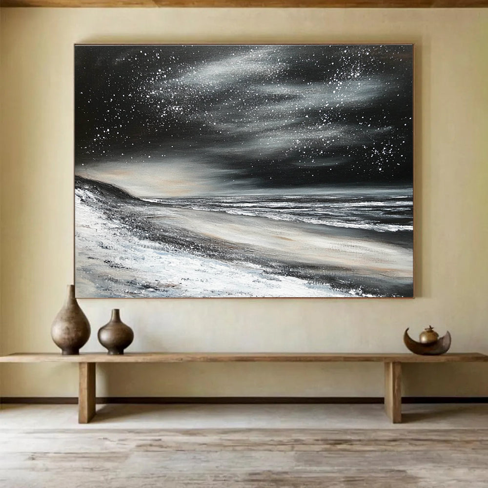 Starry Night Beach Abstract Painting in Black and White DYP453
