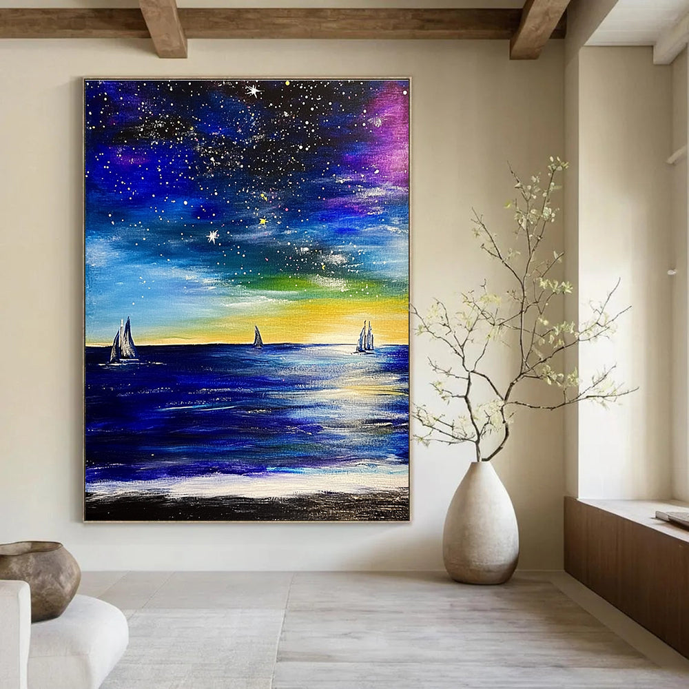 Large abstract painting depicting the ocean with sailboats and a starry sky featuring expressive brush strokes in vibrant colors.STSC851