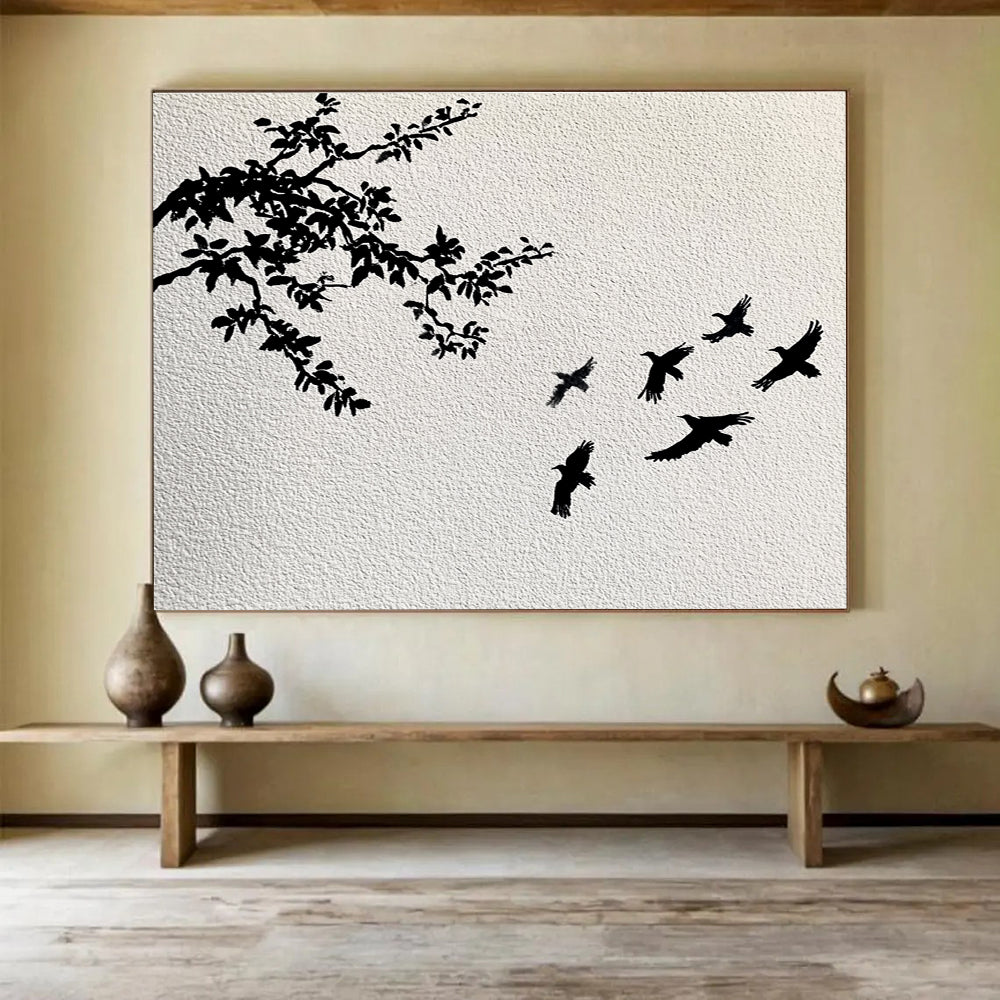 Black White Tree - Bird Silhouette Abstract Painting DYP026