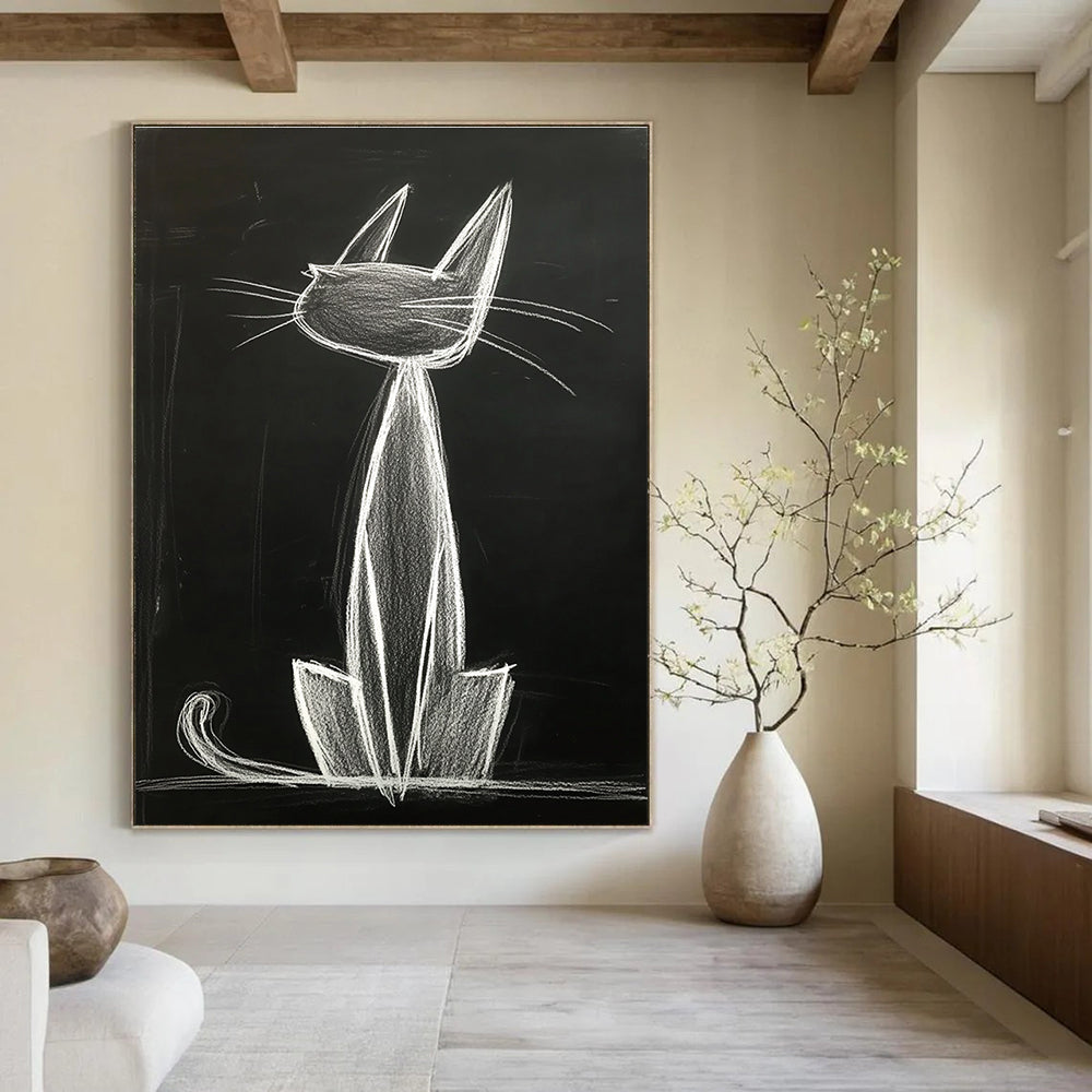 A large abstract artwork featuring an anthropomorphic cat with long ears sitting gracefully on its hind legs, captured in smooth chalk lines.STSC1184