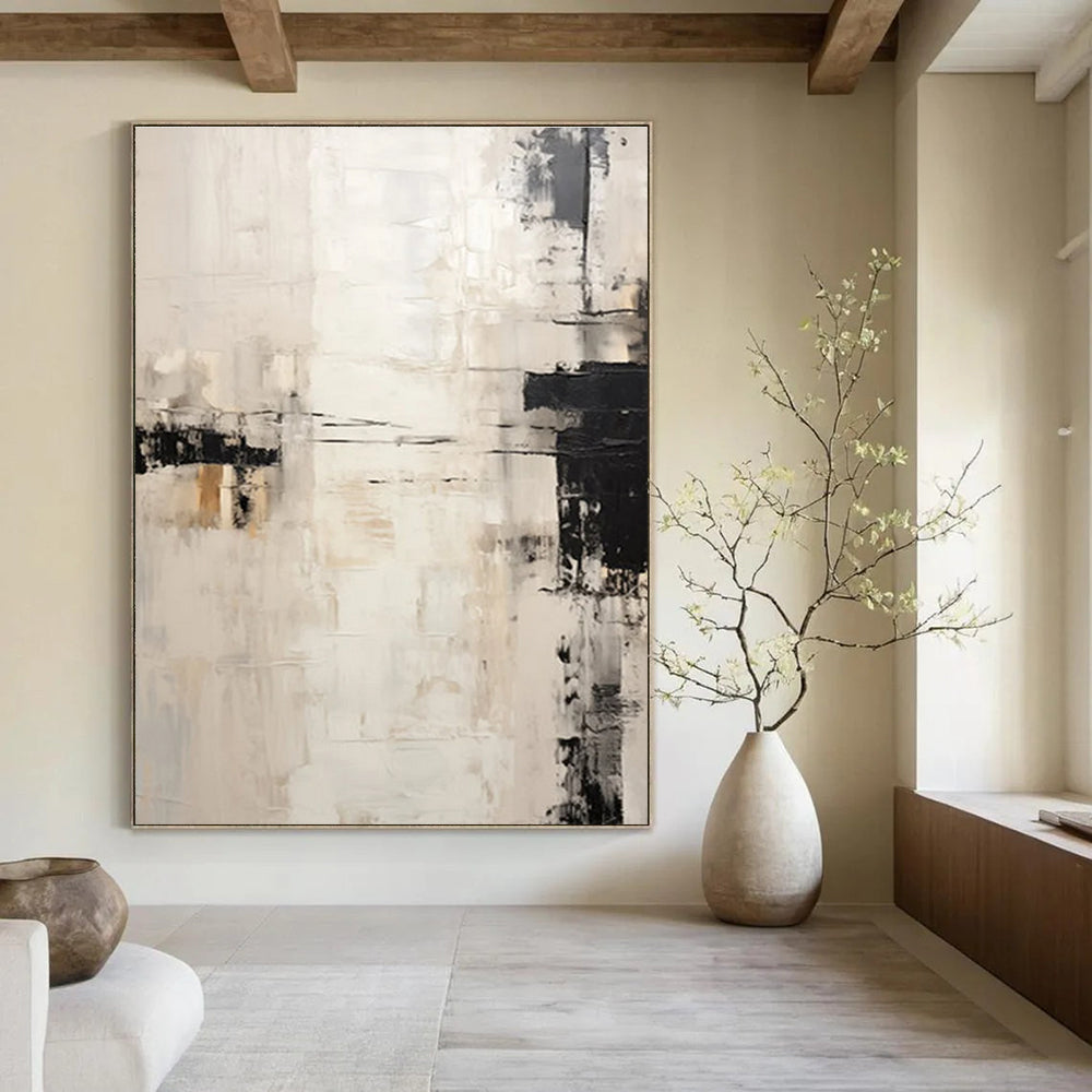 Monochromatic Minimalist Abstract Painting with Black and Beige ADGE131