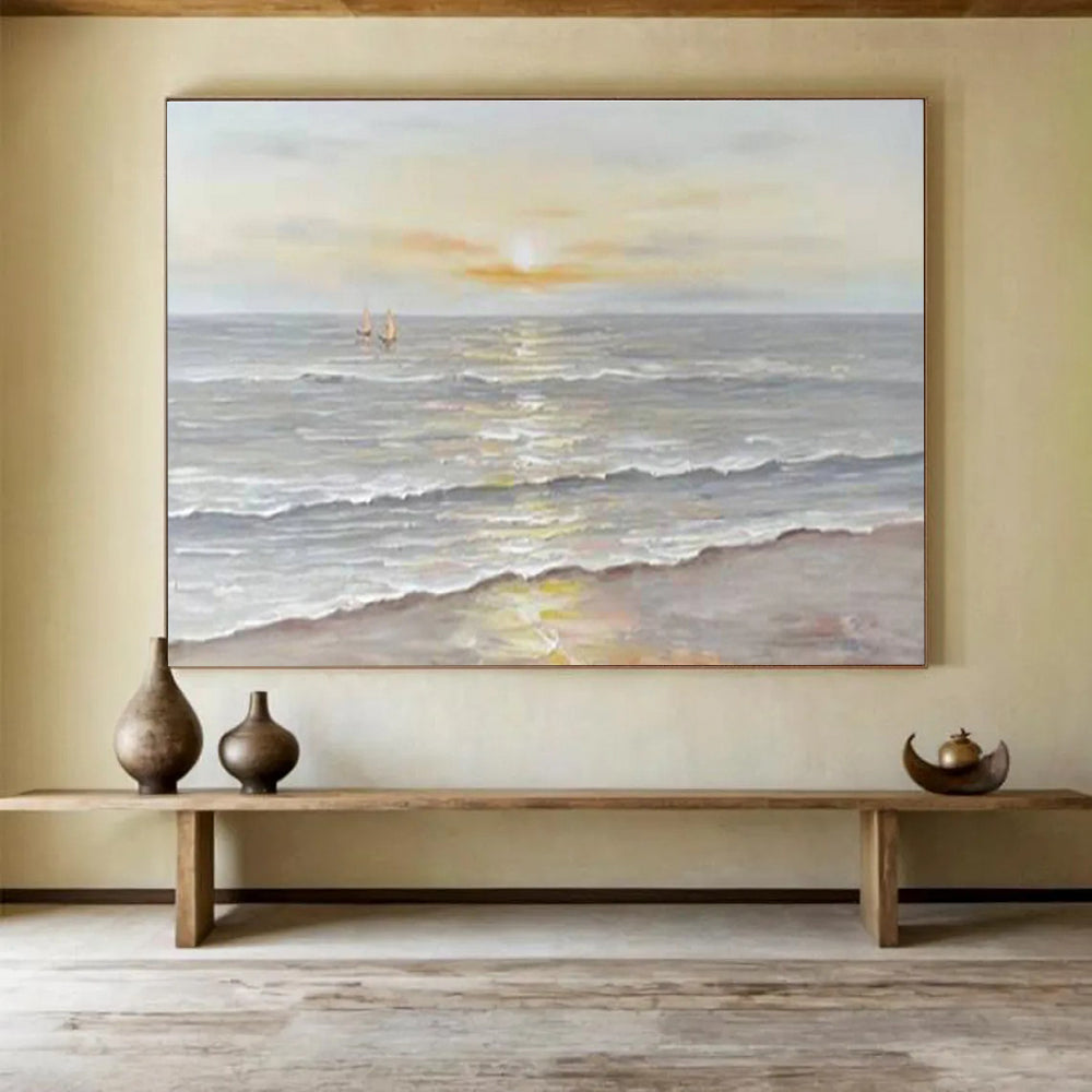 Serene Seaside Sunset Abstract Painting with Soft Warm Hues THY251