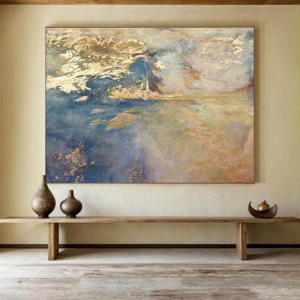 Blue Gold Abstract Painting with Radiant, Coastal - Sunset Vibes THY399