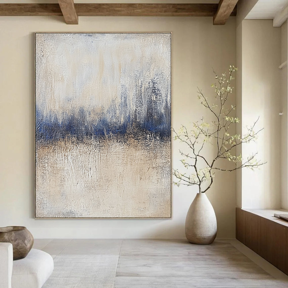Large abstract painting featuring textured beige and blue tones with vintage aesthetics and impasto technique on a layered gray background.STSC732