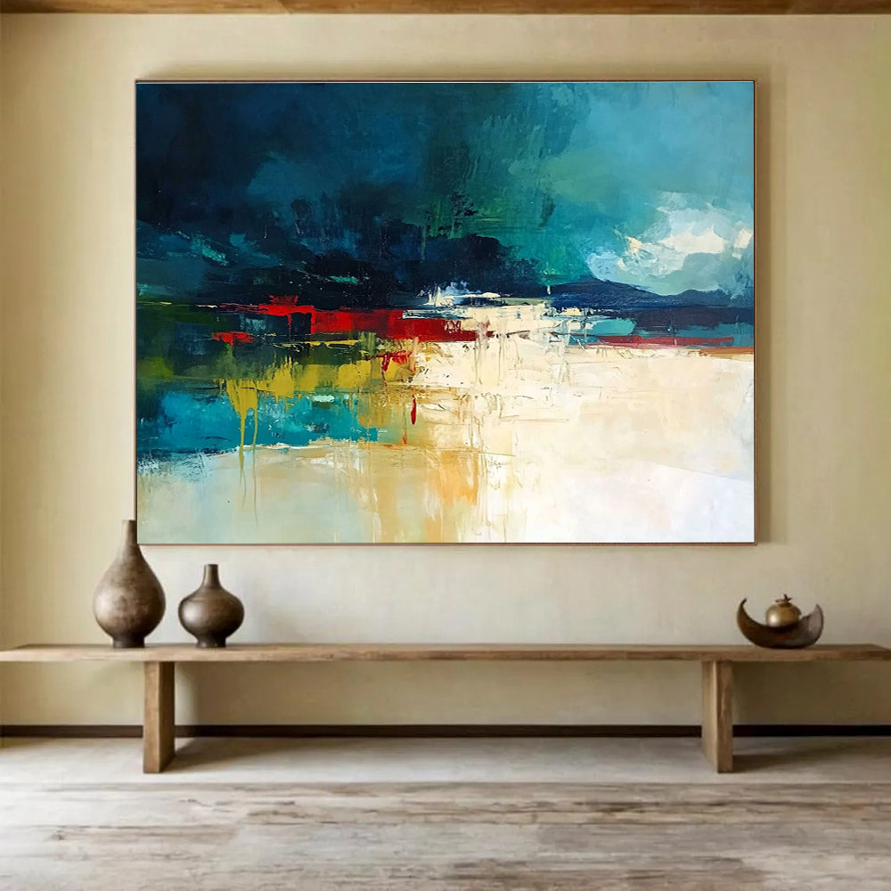Bold Color Block Landscape Abstract Painting with Deep Blues and Reds DYP247