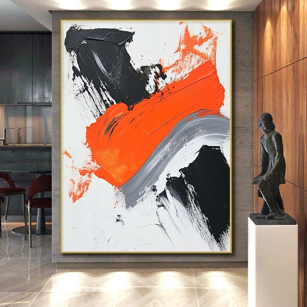 Black Orange Gray Abstract Painting with Dynamic Brushstrokes GER494
