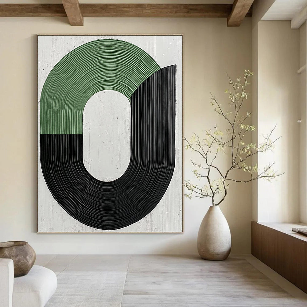 Large abstract painting featuring elegant black and green curved lines on a pure white background conveying calmness and movement ideal for wall decoration.STSC1141
