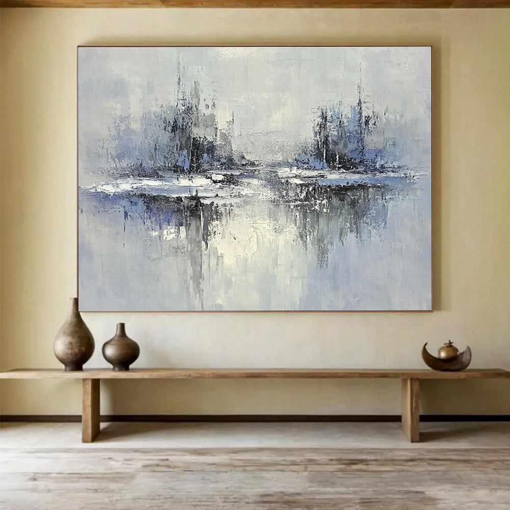 Blue and Gray Cityscape Reflection Abstract Painting with Subtle Textures DYP334