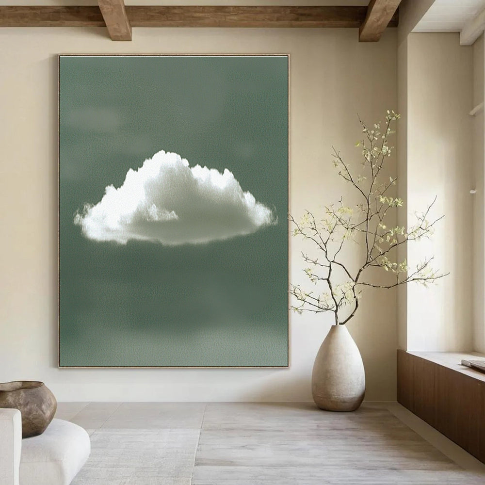 Abstract digital artwork of a single white cloud against a calming green background, embodying tranquility with its minimalist style and serene form.STSC1196