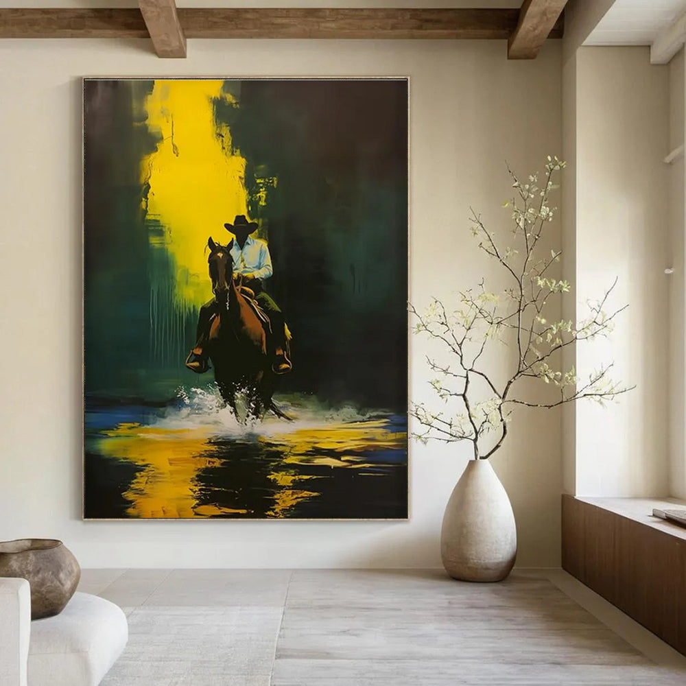 Cowboy on Horse in Yellow and Green Abstract Painting ADGE104