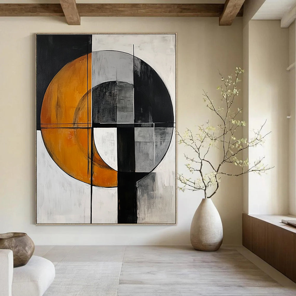 Abstract painting featuring a gray circle and orange half-moon with harmonious colors and geometric shapes in a minimalistic composition.STSC208