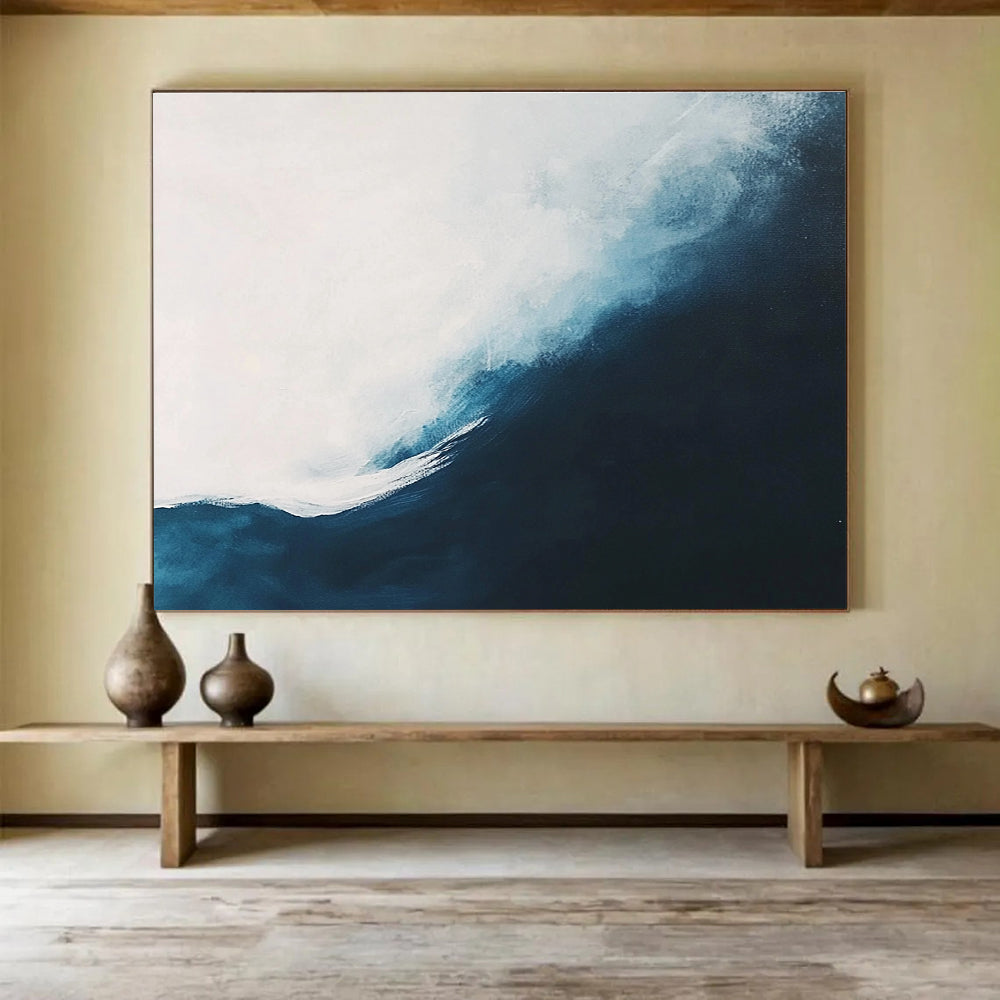 Abstract painting of an ocean wave featuring white and dark blue tones in a minimalist style, perfect for modern decor.SC162