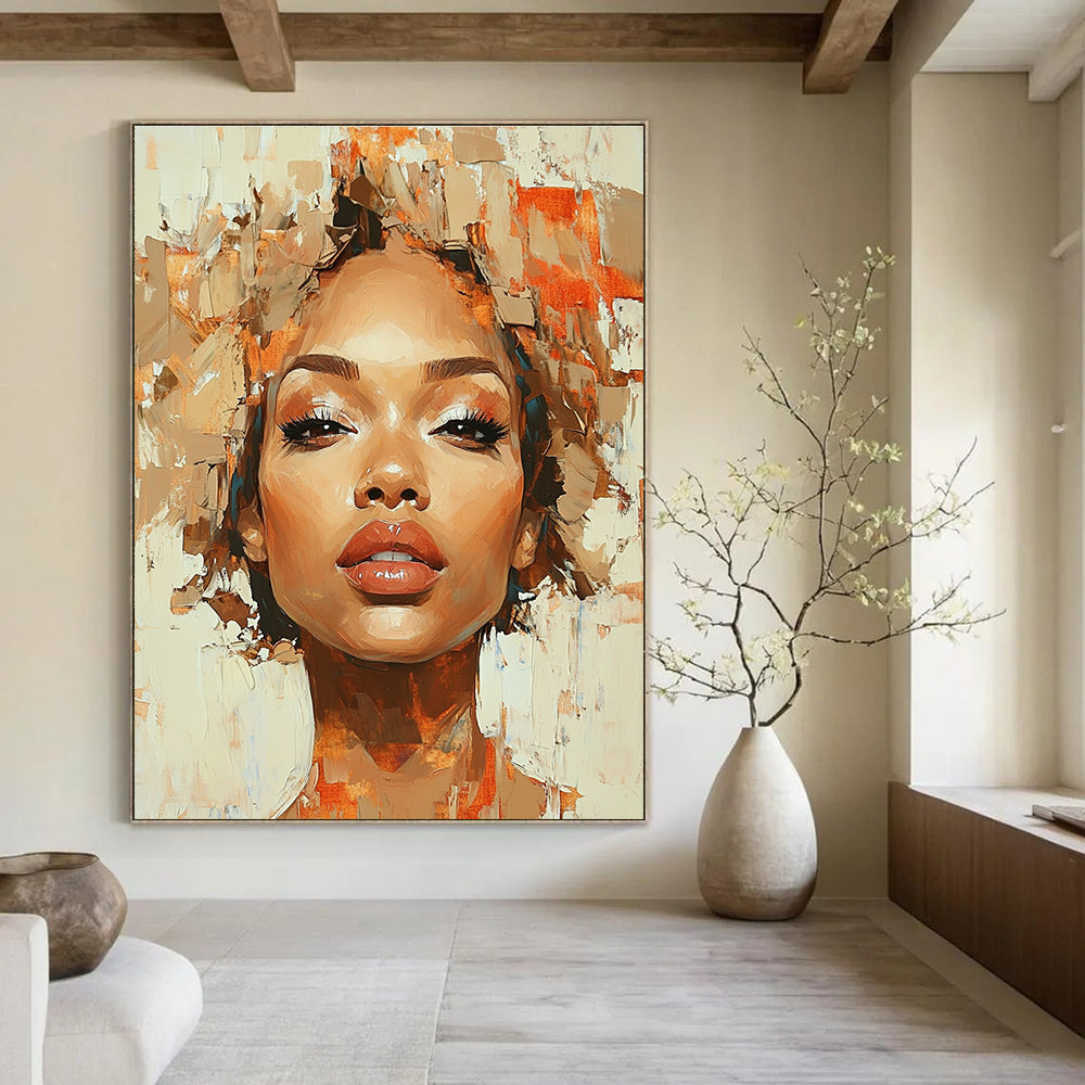 A Large Abstract Painting Featuring An African American Woman With Curly Hair In Ethereal Shades Of Brown Beige Gold And Red-Orange.STSC862