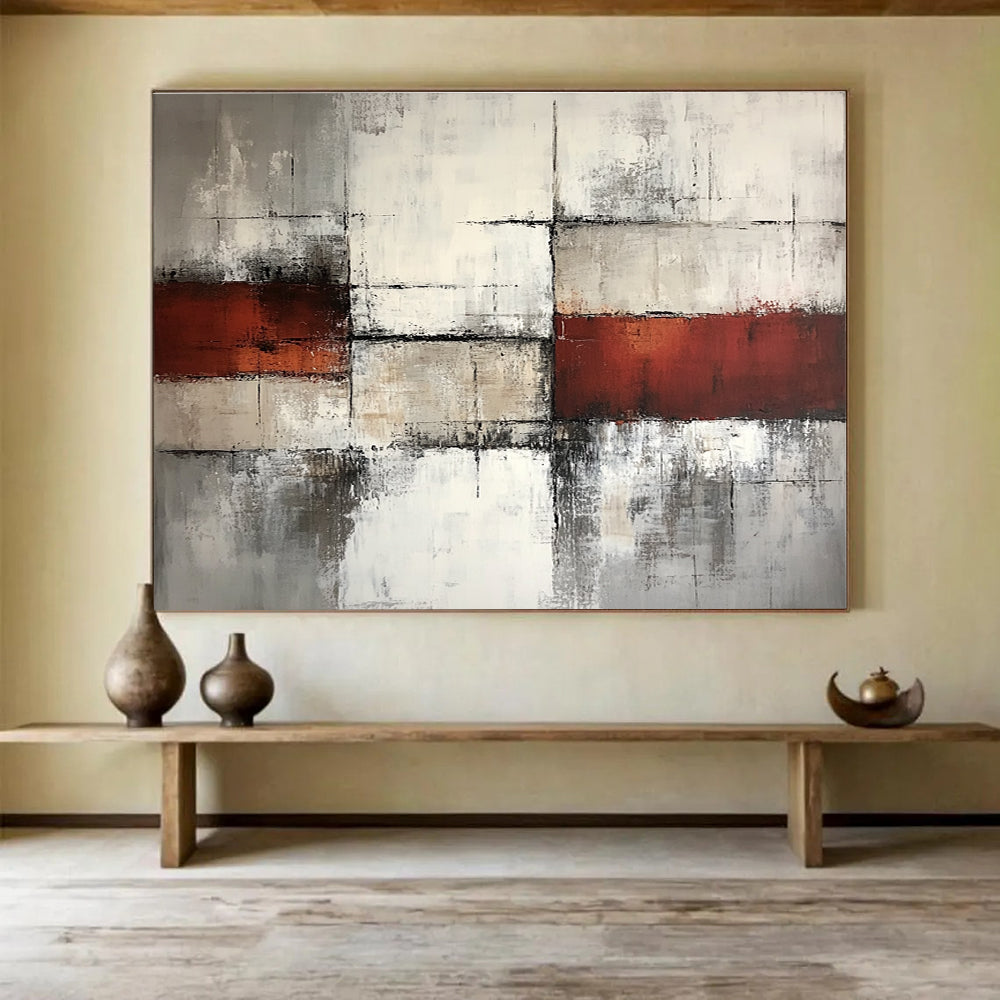 Gray Red and White Abstract Grid Painting with Distressed Textures DYP589