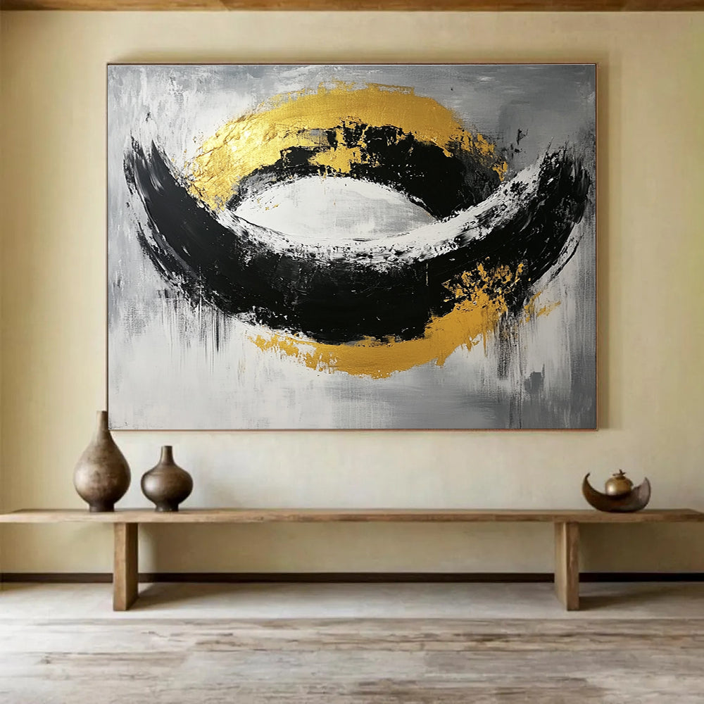 Black White and Gold Abstract Painting with Bold Shapes DYP296