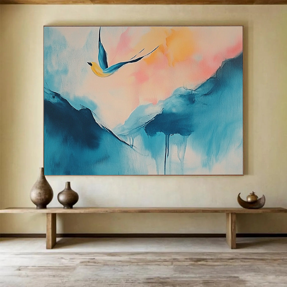Large abstract painting of a serene island with soft blue pink hues and a joyful yellow bird above, evoking freedom and life's journey.SC554