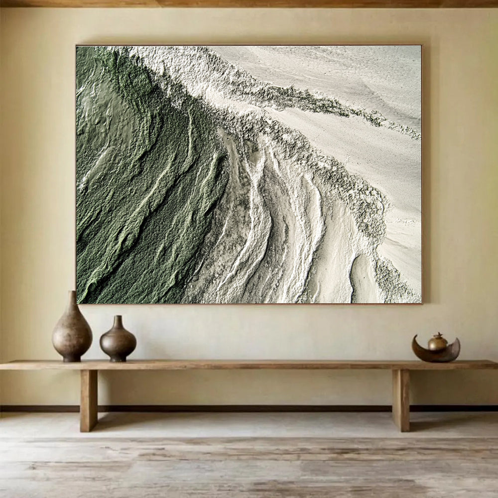 Large abstract painting showcasing hyper-realistic textures of sand, sea, and moss-green and grey hues for a captivating artistic experience.SC577